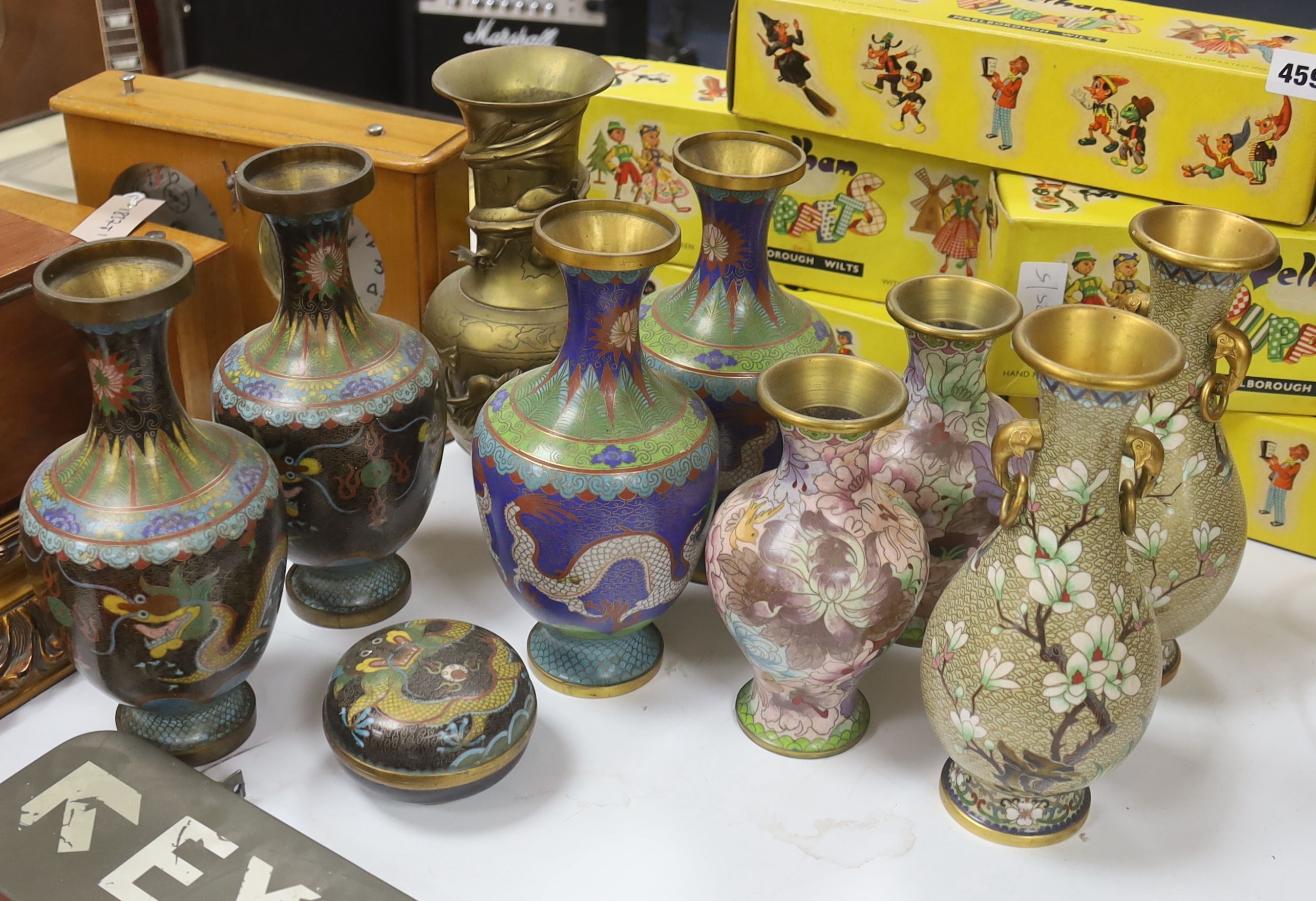 A collection of cloisonne vases, a pot and a bronze vase, early to late 20th century